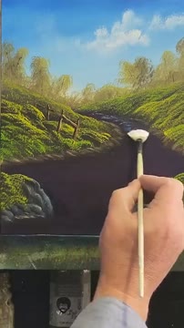 آموزش نقاشی آبشار کوچک و زیبا به سبک باب راس با قلم‌موی بادبزنی