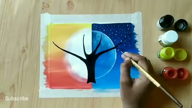 آموزش نقاشی منظره روز و شب با رنگ پوستر و اکریلیک برای مبتدی‌ها
