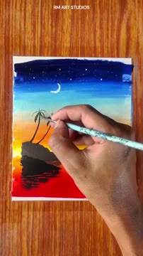 آموزش نقاشی منظره غروب خورشید با اکریلیک برای مبتدیان