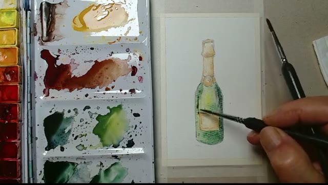 آموزش نقاشی آبرنگ بطری شامپاین برای جشن سال نو به زبان ساده