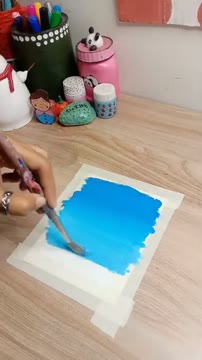 آموزش ساده نقاشی آسمان آبی و ابر با رنگ اکریلیک (روز هفدهم)