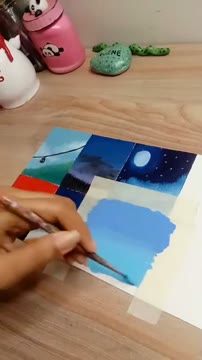 آموزش نقاشی مینیاتوری آسمان آبی و ابرها با رنگ اکریلیک